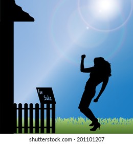 Vector silhouette of a woman standing in front of the house.