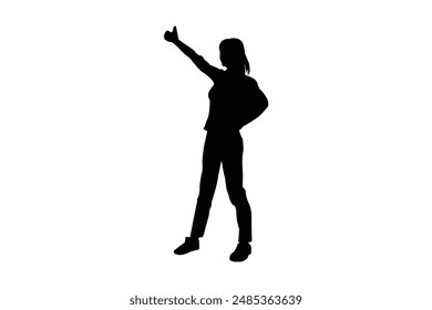 Vector silueta de mujer de pie, con la mano levantada, gente de negocios, color negro aislado sobre fondo blanco
