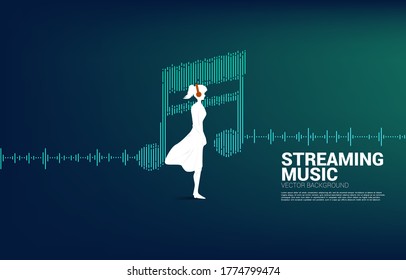 Vector silhouette of woman standing with headphone and music note equalizer wave.background for streaming music and digital song.