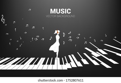 Vector silhouette of woman standing with piano key with flying music note . Concept background  piano music and recreation.