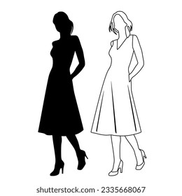 Vector silhouette of woman  standing, profile, linear sketch,  business people, black color,  isolated on white background