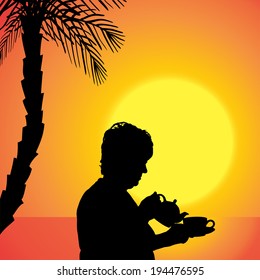 Vector silhouette of a woman at the sunset.