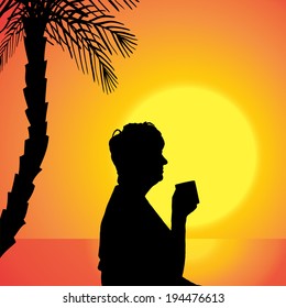 Vector silhouette of a woman at the sunset.