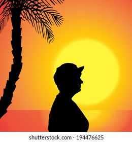 Vector silhouette of a woman at the sunset.