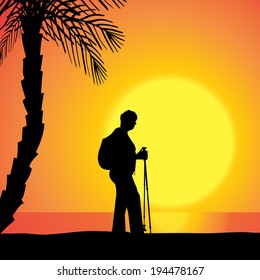 Vector silhouette of a woman at the sunset.