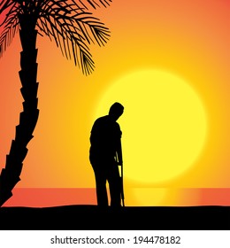 Vector silhouette of a woman at the sunset.
