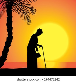 Vector silhouette of a woman at the sunset.
