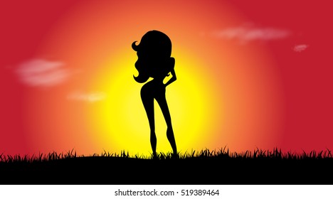 Vector silhouette of a woman at sunset.