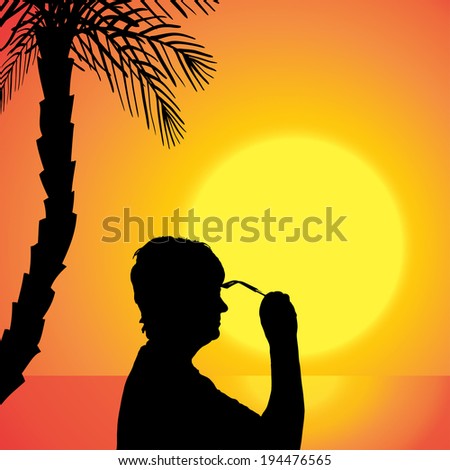 Vector silhouette of a woman at the sunset.