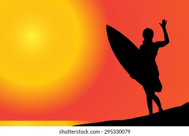 Vector silhouette of a woman with surfboard on the beach.