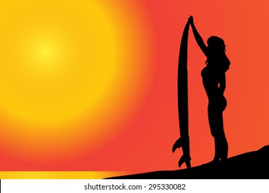 Vector silhouette of a woman with surfboard on the beach.