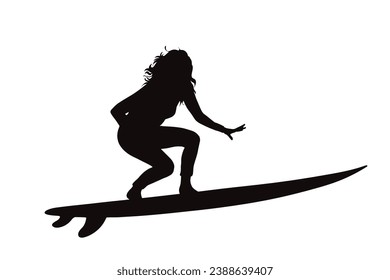 Silueta vectorial de una mujer surfeando sobre fondo blanco. Símbolo de deporte acuático.