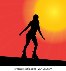 Vector silhouette of the woman that rides on roller skates.