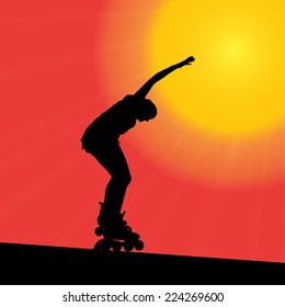 Vector silhouette of the woman that rides on roller skates.