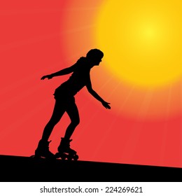 Vector silhouette of the woman that rides on roller skates.