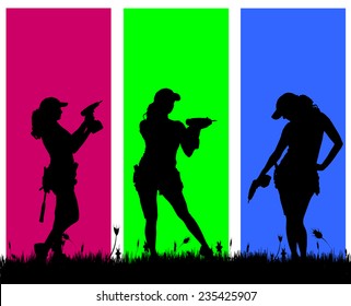 Vector silhouette of a woman with tools on a colored background.