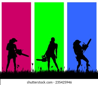 Vector silhouette of a woman with tools on a colored background.