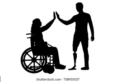 Vector silhouette of a woman in a wheelchair and a man with a prosthetic leg standing to support each other. Conceptual scene, element for design