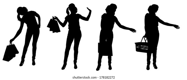 Vector silhouette of a woman who buys on a white background. 