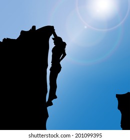 Vector silhouette of a woman who climbs rocks.