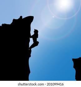 Vector silhouette of a woman who climbs rocks.