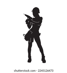 Vector silhouette of a woman who is a construction worker and has the tools. illustration hardworking woman.