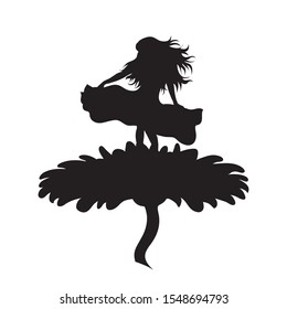 Vector silhouette of woman who dance on flower on white background. Symbol of girl, fairy, blossom.