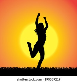 Vector silhouette of woman who dance at sunset.