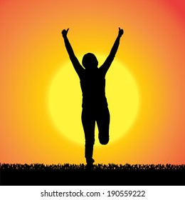 Vector silhouette of woman who dance at sunset.