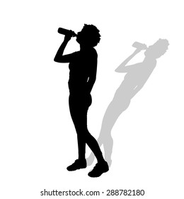 Vector silhouette of a woman who drinks on a white background.