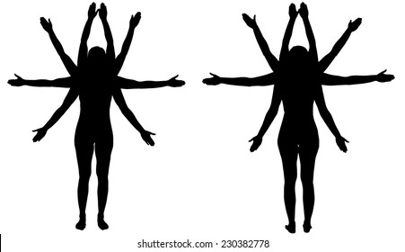 Vector Silhouette of a woman who has many hands.