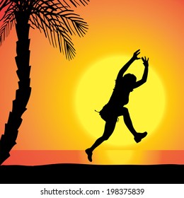 Vector silhouette of a woman who jumps at sunset.