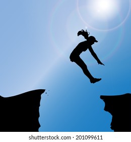 Vector silhouette of a woman who jumps over rocks.