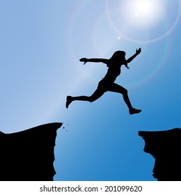 Vector silhouette of a woman who jumps over rocks.