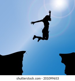 Vector silhouette of a woman who jumps over rocks.