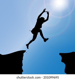 Vector silhouette of a woman who jumps over rocks.