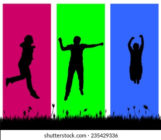 Vector silhouette of a woman who jumps on a colored background.