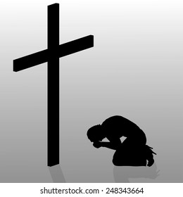 Vector silhouette of a woman who kneels in front of a cross.