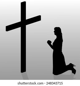 Vector silhouette of a woman who kneels in front of a cross.