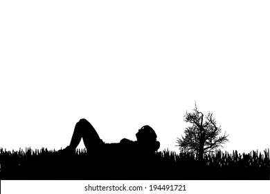 Vector silhouette of a woman who laying in the grass.. 