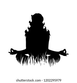 Vector silhouette of woman who meditates on the grass on white background.