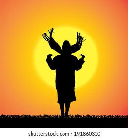 Vector silhouette of a woman who is outdoors at sunset.