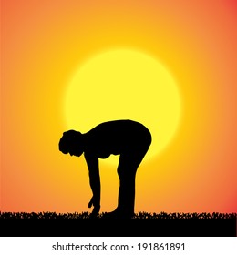 Vector silhouette of a woman who is outdoors at sunset.
