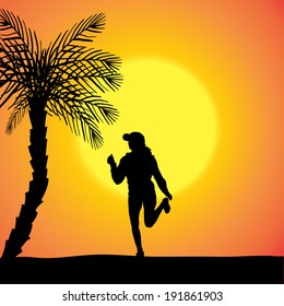 Vector silhouette of a woman who is outdoors at sunset.