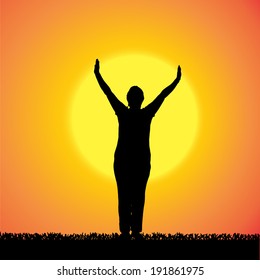 Vector silhouette of a woman who is outdoors at sunset.