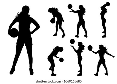 Vector silhouette of woman who play volleyball on white background.