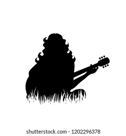 Vector silhouette of woman who play on the guitar on the grass on white background.