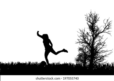 Vector silhouette of woman who play football.