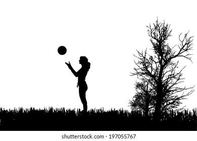 Vector silhouette of woman who play with balloon.