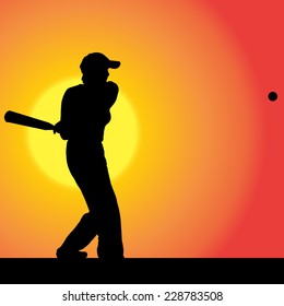 Vector silhouette of the woman who plays baseball at sunset.